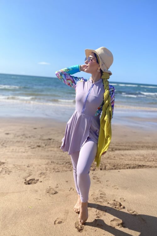 Burkini 2025 avec des manches imprimés Mauve pâle
